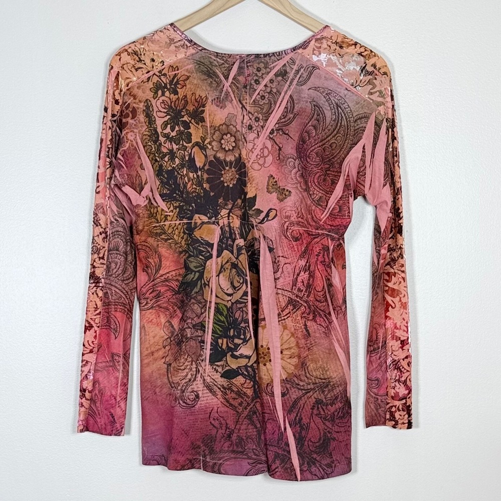Womens Y2K Babydoll Fairy Grunge Top M Pink Velvet Burnout Panels Bling Whimsy - Picture 3 of 11